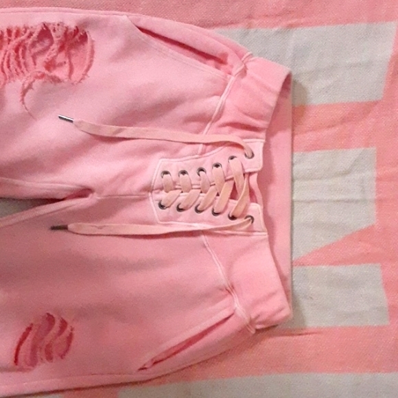 NSF neon pink maddox destoyed shredded lace-up distressed joggers m LA corset - Picture 2 of 9